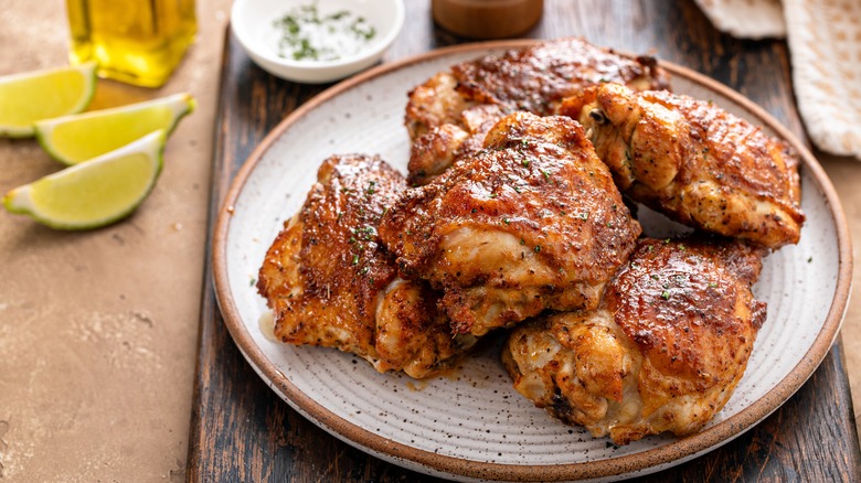 Roasted chicken thighs on a plate