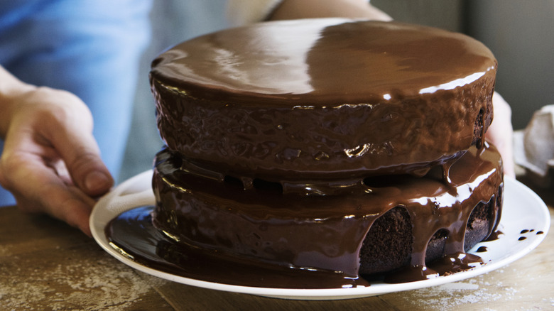 a two tiered chocolate cake slathered with chocolate icing