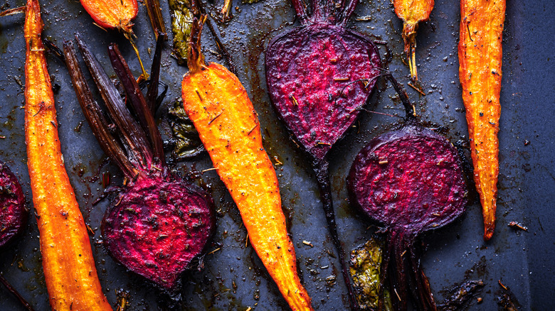 Beets and carrots halved, seasoned, and roasted perfectly