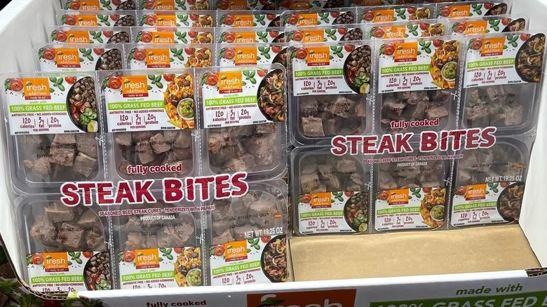 Rows of Fresh Additions Sirloin Steak Bites stacked on a shelf