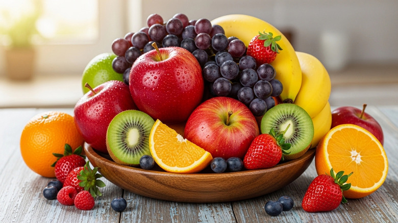 Assorted fruits in a wooden bowl on a picnic table