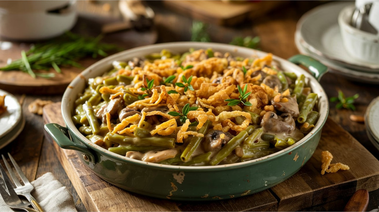 A green bean casserole in a round dish.