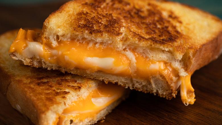 A close up of grilled cheese, highlighting its cheesy creaminess.