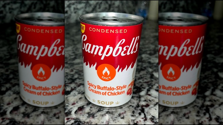 Can of Campbell's Condensed Spicy Buffalo-Style Cream of Chicken Soup on a kitchen counter