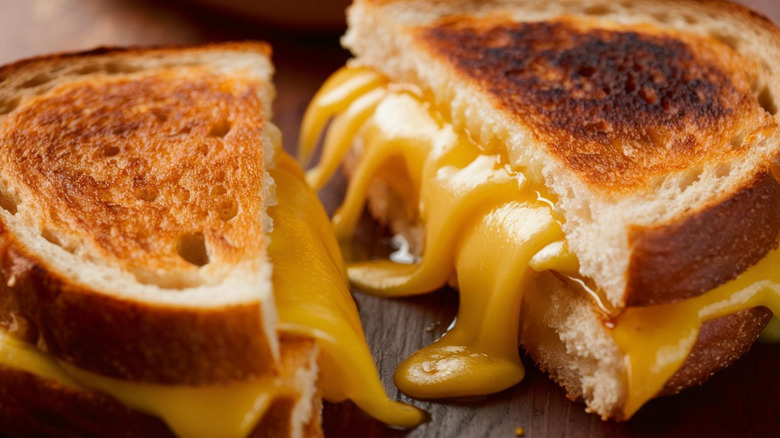 Grilled cheese cut in half with cheese melting out of the middle