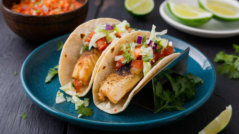 Two fish tacos topped with fresh veggies