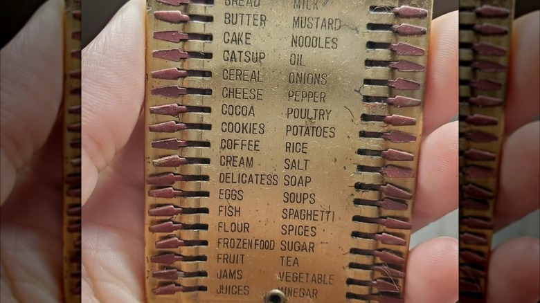 Hand with 1950s metal shopping list