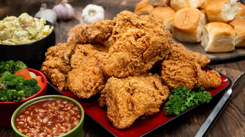 A plate of fried chicken with sides at Brookshire Brothers