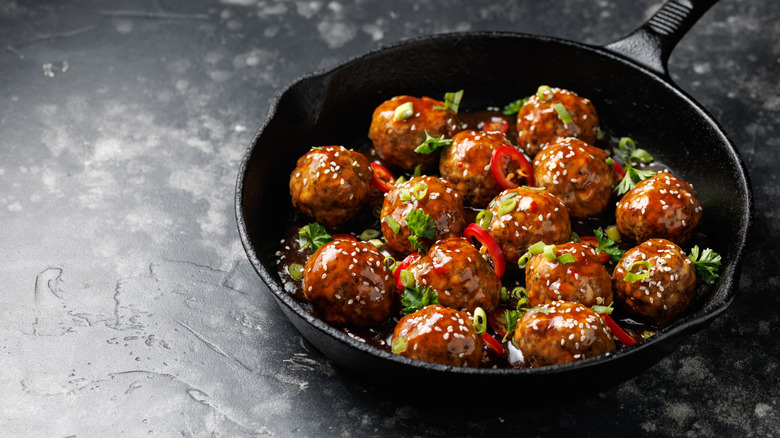 Meatballs in cast iron skillet