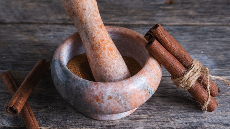 Cinnamon sticks next to ground cinnamon in mortar and pestle.