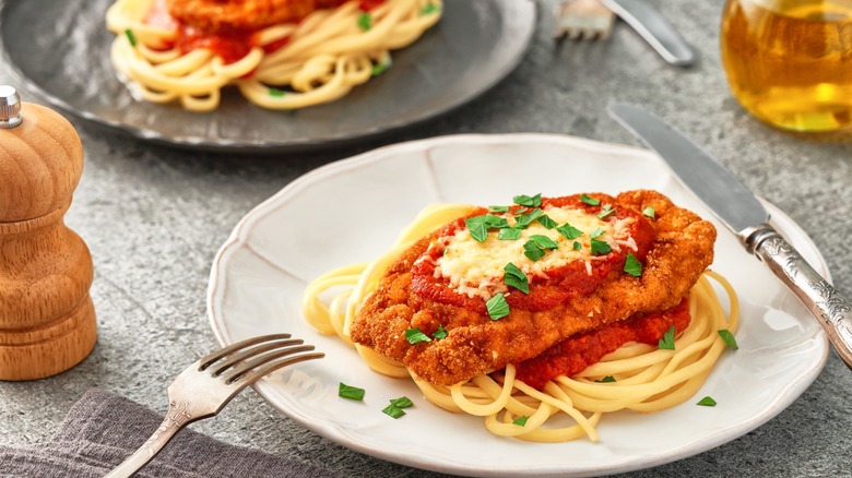 Chicken Parmesan on a plate.