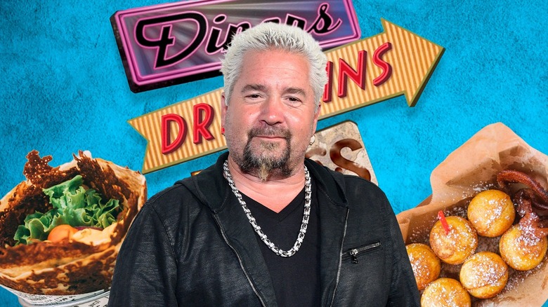 A composite image featuring Guy Fieri, the Diners, Drive-Ins and Dives logo, and two featured dishes