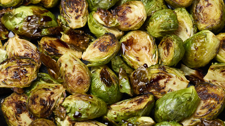 Closeup of roasted Brussels sprouts