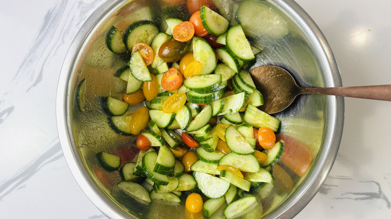 Cucumber tomato salad in a bowl