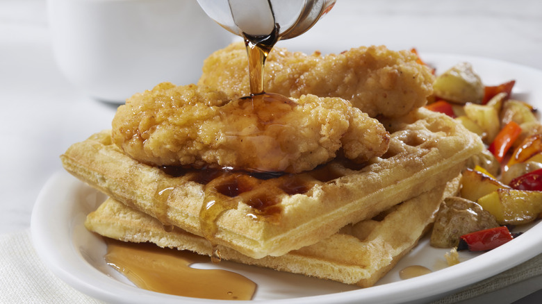 Waffles topped with fried chicken tenders