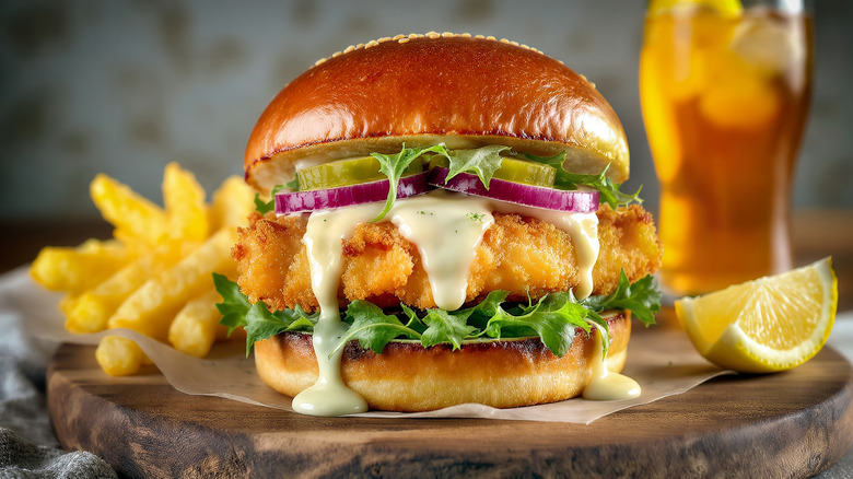 A fish sandwich with fries and a drink