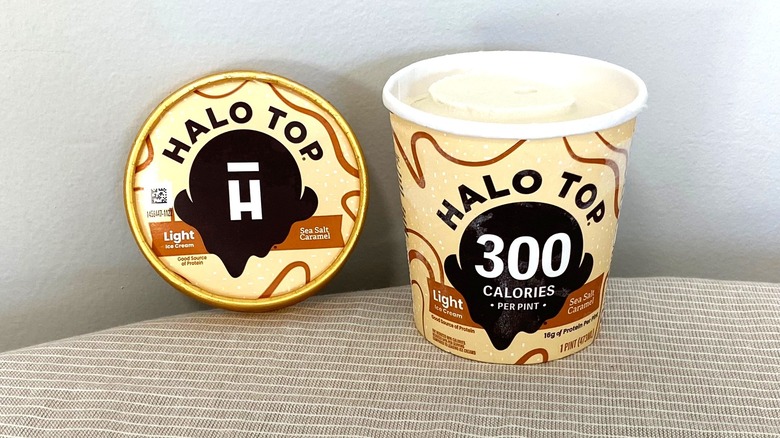 Halo Top Sea Salt Caramel ice cream open on a table