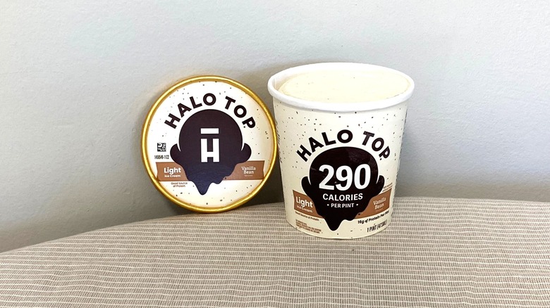 a container of Halo Top Vanilla Bean ice cream on a table