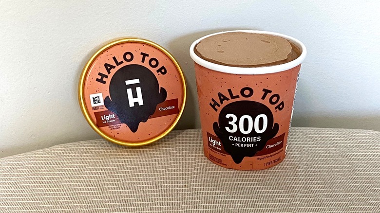 Halo Top Chocolate ice cream pint open on a table