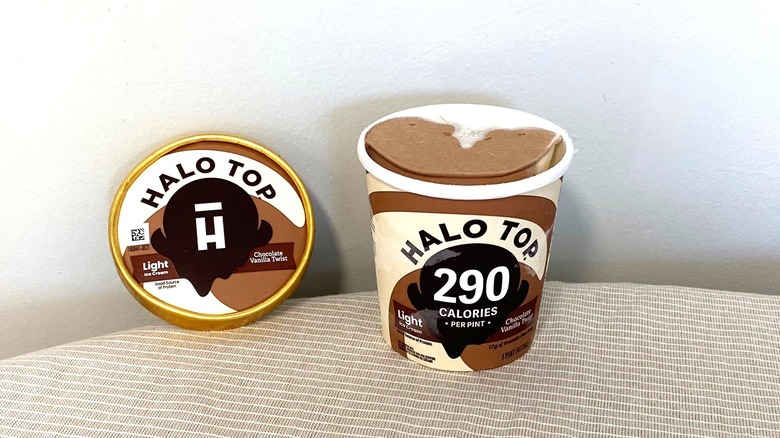 Chocolate Vanilla Swirl Halo Top ice cream sitting on a table