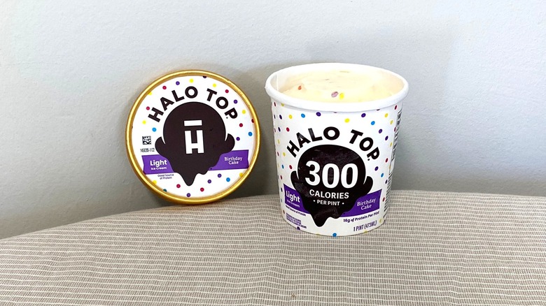 a pint of Halo Top Birthday Cake ice cream on a table