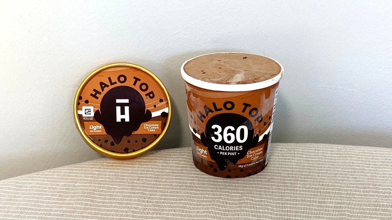 a pint of Halo Top Chocolate Ice Cream Cake ice cream on a table