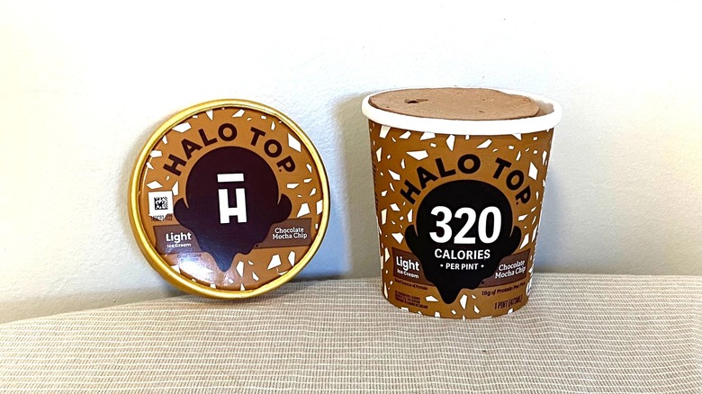 a pint of Halo Top Chocolate Mocha Chip ice cream on a table