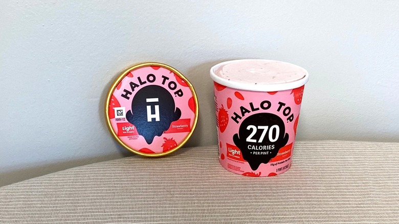 Halo Top Strawberry ice cream sitting open on a table