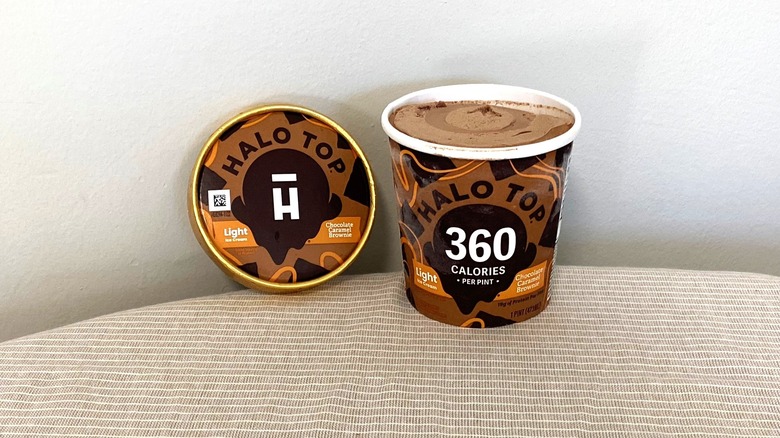 a pint of Halo Top Chocolate Caramel Brownie sitting on a table