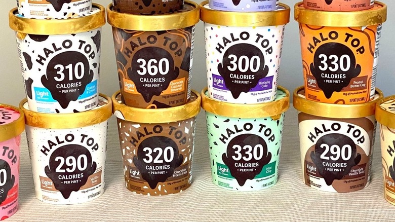 14 Halo Top ice cream pints arranged on a table