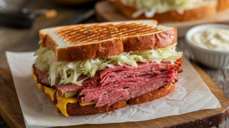 A homemade version of a Reuben sandwich with lots of corned beef