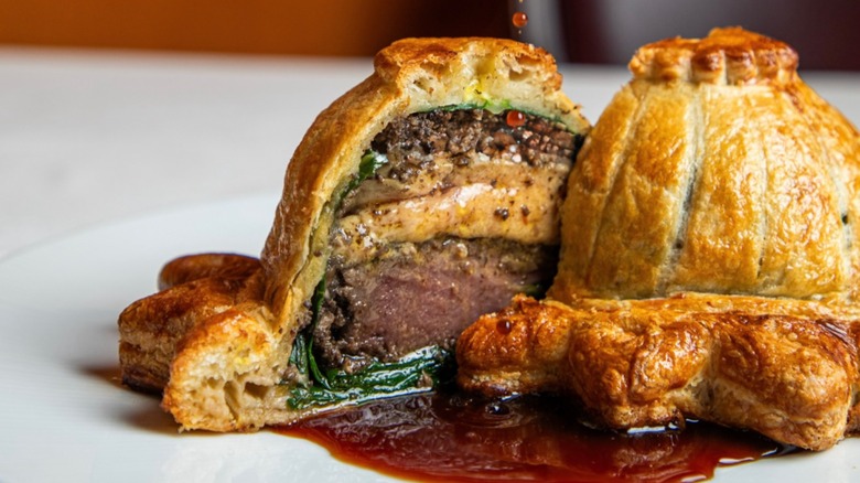 Beef Wellington on a white plate