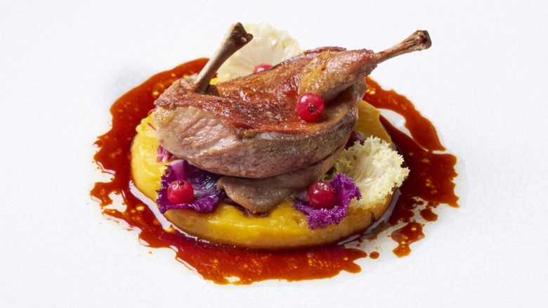Braised squab on a bed of polenta on a white plate