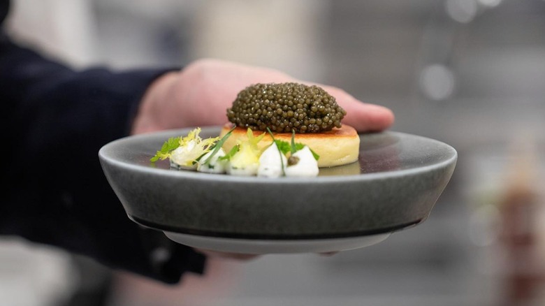 Elegant appetizer with heaping spoon of caviar on top served on a grey plate