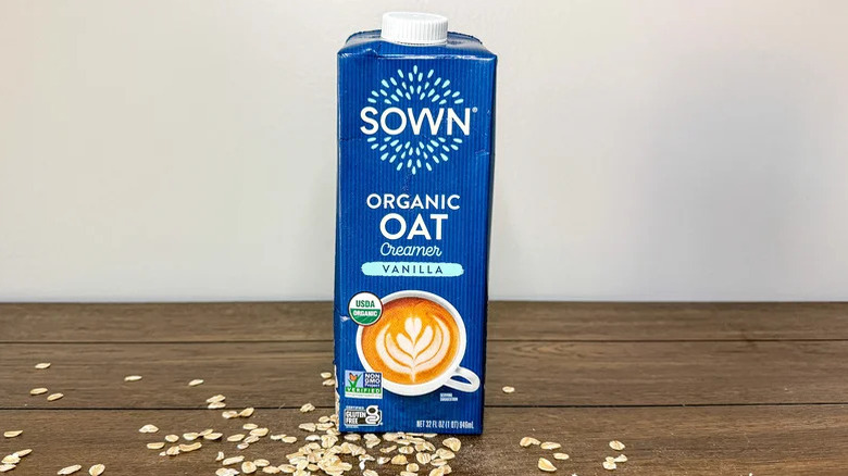 A carton of Sown Organic vanilla oat creamer.