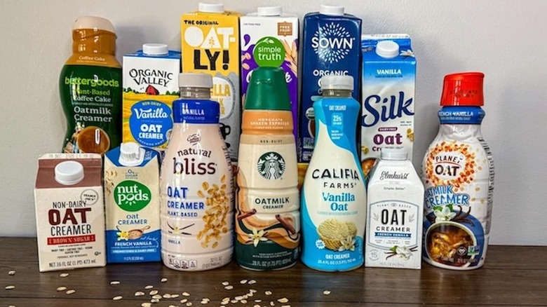 A collection of oat milk varieties.