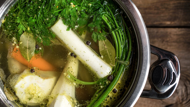 Overhead view of vegetables in a pot