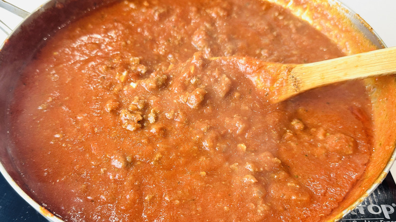 Bolognese simmering in saucepan
