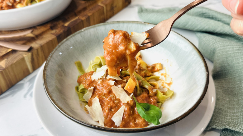 Fork full of easy bolognese