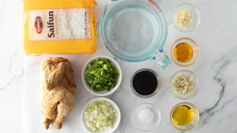 noodles, cooked chicken, and seasonings
