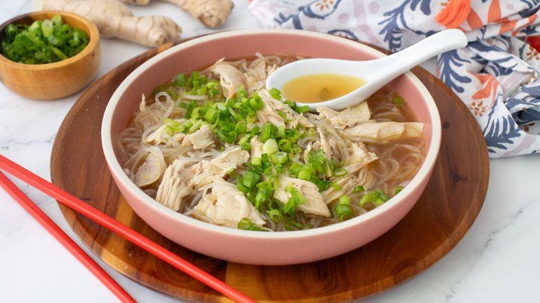 chicken and noodle soup with green onions