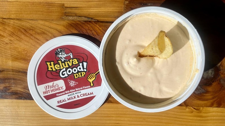 Overhead view of an open container of Heluva Good! Mike's Hot Honey Dip