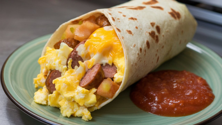 Sausage, egg, and cheese burrito with red salsa on a plate