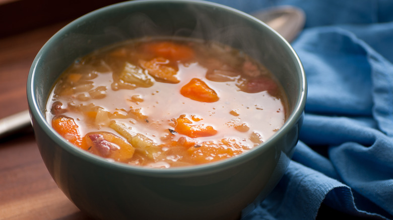Steaming soup in a bowl