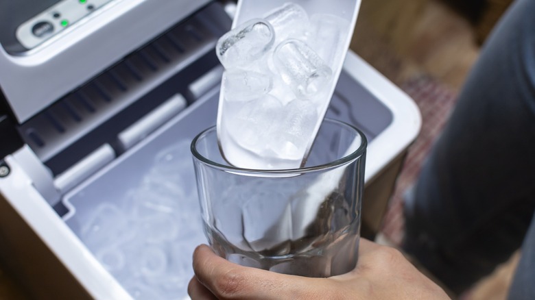 ice being scooped from a clean ice maker