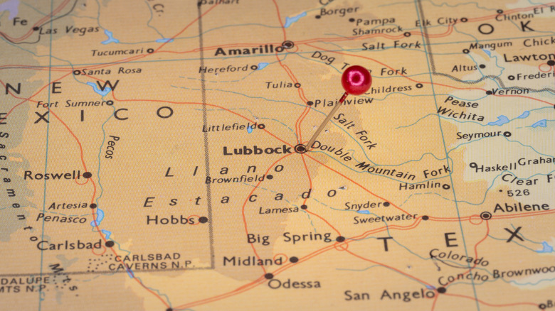 Lubbock, TX marked on a map with a red pin