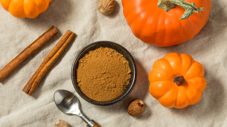 Bowl of pumpkin spice next to fresh pumpkin