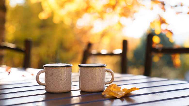 two cups of coffee on a table with a leaf on the side