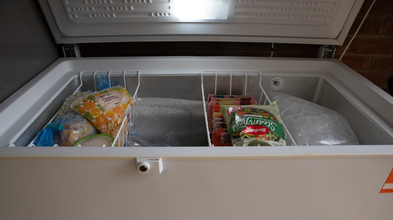 Open deep freezer stocked with vegetables and ice