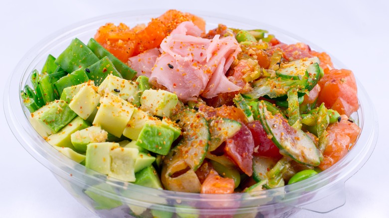 A fresh and flavorful poke bowl with diced salmon and avocado